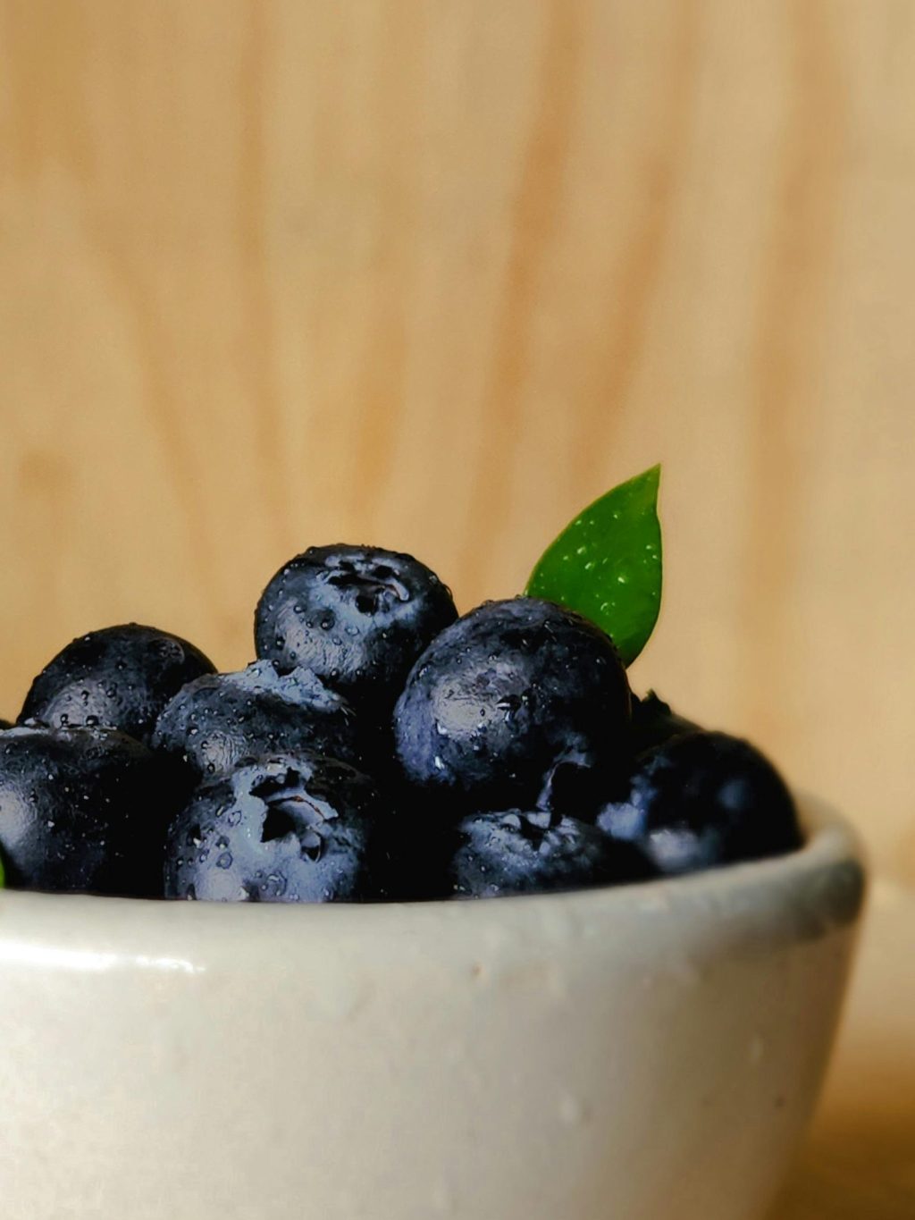 Fresh blueberries with water droplets in a white ceramic bowl, garnished with green leaf for wholesale food distribution and culinary applications.