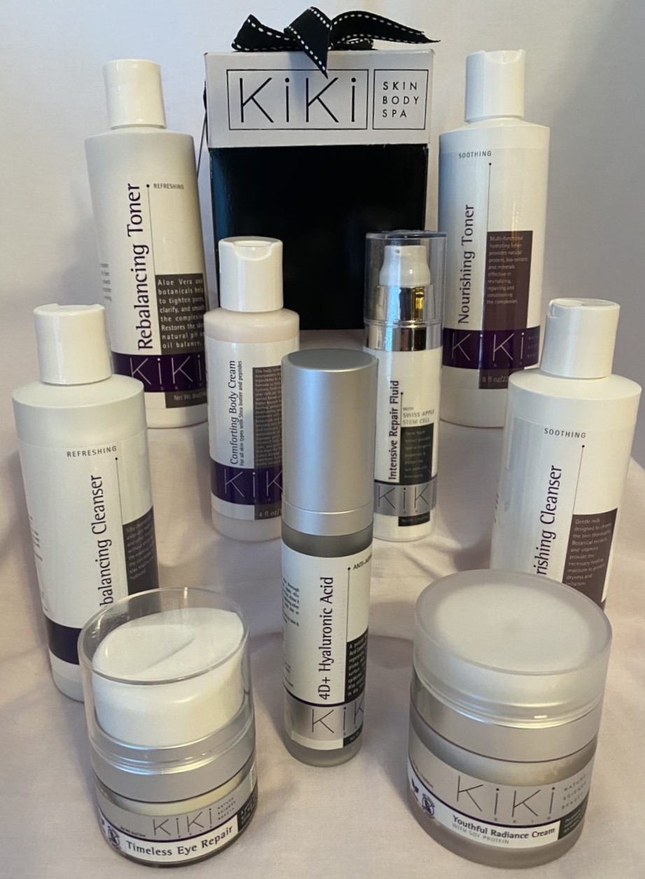 Complete KIKI Skin Body Spa skincare line featuring cleansers, toners, serums, and creams in professional cosmetic packaging.